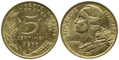 ФРАНЦИЯ 5 САНТИМОВ 1977 ТИП MARIANNE KM 933 медь алюминий никель 39-1242