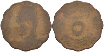 ЕГИПЕТ 5 МИЛЛИМОВ 1943 FAROUK (1355-1372) (1936-1952) KM 360 бронза 100-267