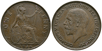 Великобритания 1 пенни 1934 Георг V (1910-1936) КМ 838, Spink 4055 бронза 73-913