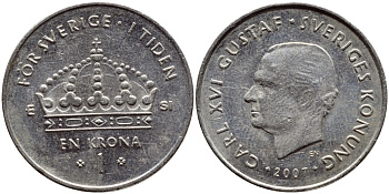 Швеция 1 крона 2007 Карл XVI Густав (1973- ) KM 894 медно-никель 93-1231