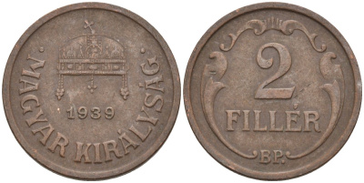 Венгрия 2 филлера 1939 BP KM 506 бронза 4115-1216