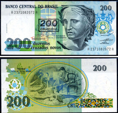 Бразилия 200 крузейро 1989 Центральный банк Бразилии Pick 229 бумага UNC (пресс) 8602-17-2-2
