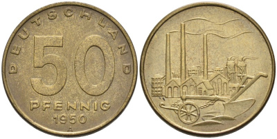 ГДР 50 пфеннигов 1950 А, фабрика KM 4 алюминиевая бронза 4575-523