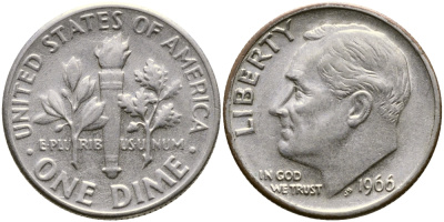 США 10 ЦЕНТОВ = 1 ДАЙМ 1966 РУЗВЕЛЬТ KM 195а медь плакированная медно-никелем 84-349