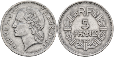 Франция 5 франков 1947 OPEN 9 KM 888b.1 алюминий    4149-445