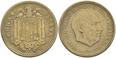 Испания 1 песета 1953 (?) Франсиско Франко (1939-1975) KM 775 алюминиевая бронза 4604-326