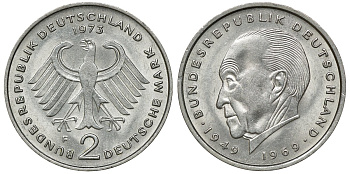 ФРГ 2 МАРКИ 1973 F, КОНРАД АДЕНАУЭР KM 124, J. 406 медно-никель плакированный никелем плакированный никелем UNC 72-447