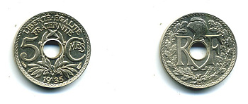 ФРАНЦИЯ 5 САНТИМОВ 1935 ТИП ЛИНДАЙЁ KM 875 медно-никель UNC 23-855