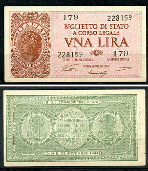 Италия 1 лира 1944 подписи Ventura, Simoneschi, Giovinco Pick 29 a, Grapanzano BS 8  бумага  aUNC 8614-1-2-2