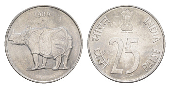 Индия 25 пайсов 1989 круг - монетный двор Ноида KM 54 нержавеющая сталь 4613-324