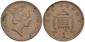 Великобритания 1 пенни 1988 Елизавета II (1952-2022) KM 935, Spink 4381 (B3) бронза 4609-524