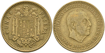 Испания 1 песета 1966 (69) Франсиско Франко (1939-1975) KM 796 алюминиевая бронза 4604-123