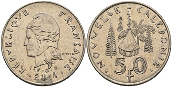 Французская Новая Каледония 50 франков 2014 хижина среди сосен и пальм, (IEOM) KM 13a, Schoen 15a, Lec 128i медно-никель 4111-1145