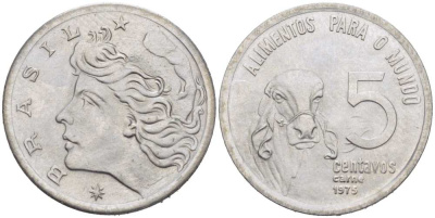 Бразилия 5 сентаво 1975 ФАО, зебу KM 587.1 нержавеющая сталь 217-535