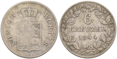 Вюртемберг 6 крейцеров 1844 Вильгельм I (1816-1864) KM 592, Jg. 68, AKS 100, Kl./Ra. 100.2. серебро 187-1025