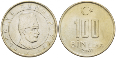 Турция 100000 лир 2001 Мустафа Кемаль Ататюрк KM 1106 медь никель цинк 3309-1119