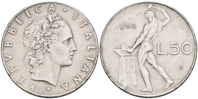Италия 50 лир 1968 R, бог огня Вулкан у наковальни KM 95.1 нержавеющая сталь 4595-233