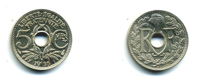 ФРАНЦИЯ 5 САНТИМОВ 1935 ТИП ЛИНДАЙЁ KM 875 медно-никель UNC 23-855