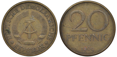 ГДР 20 пфеннигов 1969 А, первый год KM 11 латунь 62-1211