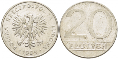 ПОЛЬША 20 ЗЛОТЫХ 1989 MW KM 153.2 медно-никель 213-846