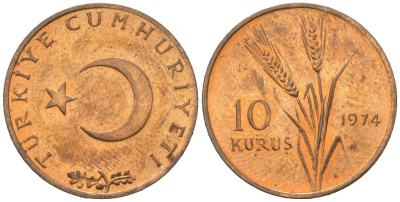 Турция 10 курушей 1974 KM 891.3 бронза 4576-954