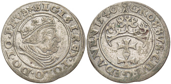 Данциг 1 грош 1540 Сигизмунд I Старый (1506-1548), вес 1,94 гр Schulten 675 серебро 1516-1435
