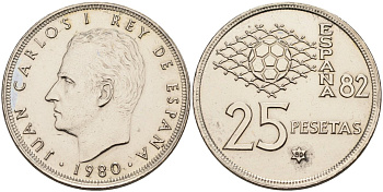 Испания 25 песет 1980(80) чемпионат мира по футболу в Испании 1982, Хуан Карлос I KM 818 медно-никель 4583-1046