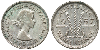 Австралия 3 пенса 1957 m, Елизавета II (1952-2022) KM 57 серебро 71-539