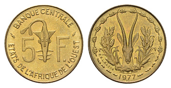 Западная Африка (BCEAO) 5 франков 1977 KM 2a медь алюминий никель UNC 4669-455