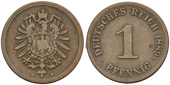 Германия 1 пфенниг 1889 D, Вильгельм I (1871-1888) KM 1, J. 1 медь 4136-1262