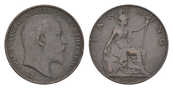 Великобритания 1 фартинг 1910 Эдуард VII (1901-1910) KM 792, Spink 3992 бронза 4630-222