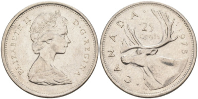 Канада 25 центов 1975 Елизавета II (1952-), олень KM 62b никель 4592-951