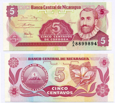 НИКАРАГУА 5 СЕНТАВО 1991 ФРАНСИСКО ЭРНАНДЕС де КОДОБА Pick 168а бумага UNC (ПРЕСС) 8611-31-3-2