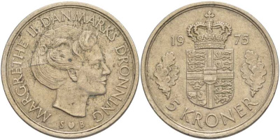 ДАНИЯ 5 КРОН 1975 S; B, МАРГРЕТЕ II (1972-) KM 863.1 медно-никель 38-514