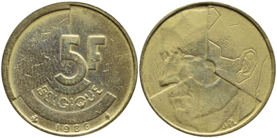 БЕЛЬГИЯ 5 ФРАНКОВ 1986 BELGIQUE KM 163 латунь или алюминевая бронза 4384-1026