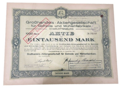 Германия облигация на 1000 марок 1921 компании Großhandels-Aktiengesellschaft für Getreide und Mühlenfabrikate / Оптовое акционерное общество зерновых и мукомольных продуктов из Шарлоттенбурга бумага 5555-14