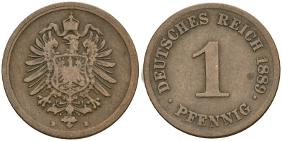 Германия 1 пфенниг 1889 D, Вильгельм I (1871-1888) KM 1, J. 1 медь 4136-1262