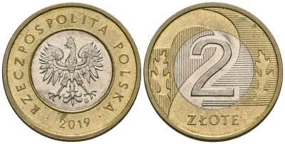 Польша 2 злотых 2019 MW KM 283 биметалл 4584-337