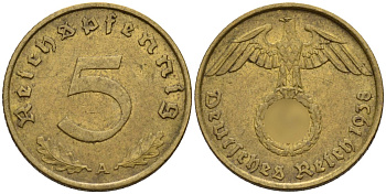 Германия 5 рейхспфеннигов 1938 A KM 91, J. 363 алюминиевая бронза 4151-825