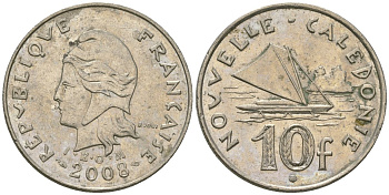 Французская Новая Каледония 10 франков 2008 рыбачья парусная лодка, (IEOM) KM 11a, Schoen 13a, Lec 99k медно-никель 60-756