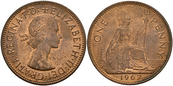 Великобритания 1 пенни 1967 Елизавета II (1952-2022) KM 897, Spink 4157 бронза 189-613