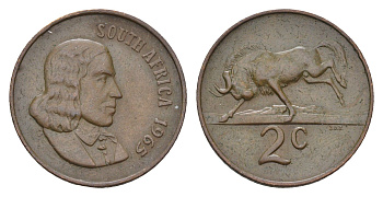 ЮАР 2 цента 1965 Ян ван Рибек (1619-1677), South Africa, легенда на английском, антилопа KM 66.1 бронза 4674-923