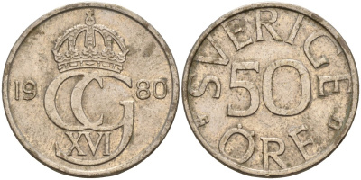 Швеция 50 эре 1980 U, Карл XVI Густав (1973- ) KM 855 медно-никель 4143-1213