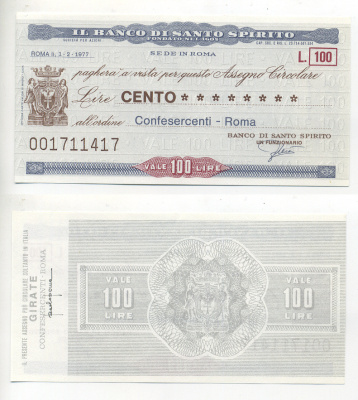 Италия чек на 100 лир 1977 1 февраля 1977, IL Banco Di santo spirito бумага UNC (пресс) 6294-68-4