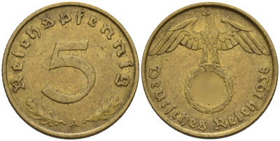 Германия 5 рейхспфеннигов 1938 A KM 91, J. 363 алюминиевая бронза 4151-825