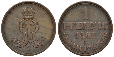 Ганновер 1 пфенниг 1862 B, Георг V KM 233, AKS 156, J. 90 медь 4594-548