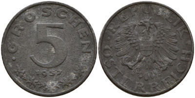Австрия 5 грошей 1957 KM 2875 цинк 4152-512