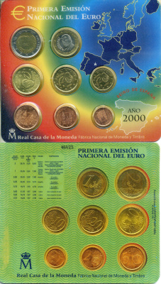 Испания годовой евронабор из 8 монет (1, 2, 5, 10, 20 и 50 евроцентов; 1 и 2 евро) 2000 в оригинальном буклете KM 1040, 1041, 1042, 1043, 1044, 1045, 1046 и 1047 BU 8-2-05-92
