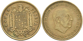 Испания 1 песета 1966 (69) Франсиско Франко (1939-1975) KM 796 алюминиевая бронза 4604-346