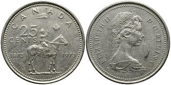 Канада 25 центов 1973 100 лет канадской горной полиции (1873-1973), Елизавета II (1952-2022) KM 81 никель 3336-244